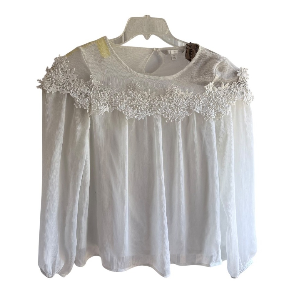 Cottagecore modern LC Lauren Conrad Blouse M White Lace Trim Long Sleeve Chiffon